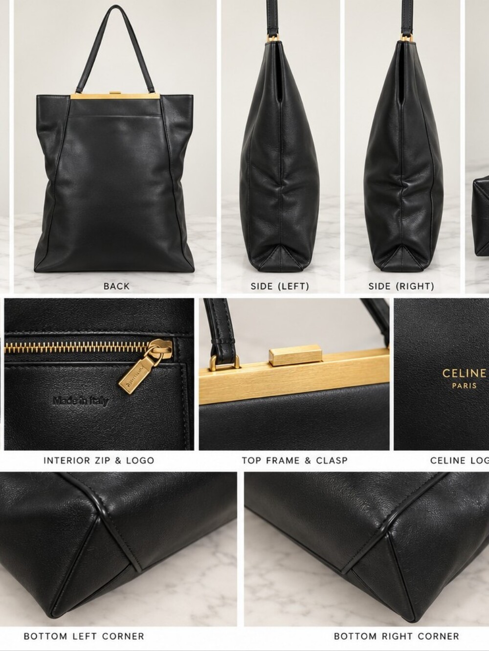 CELINE Large Clasp Cabas Tote Black Calfskin Leather Gold Hardware Phoebe Philo